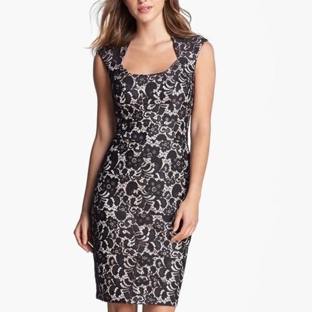 EUC Jax Black/Pink Lace Overlay Cap Sleeve Dress. Size 8